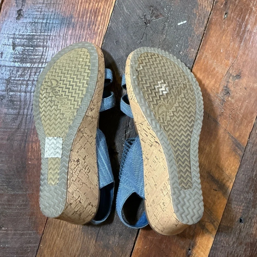 Skechers Women’s Beverlee High Tea Wedge Sandals with Denim Blue Straps Size 7.5